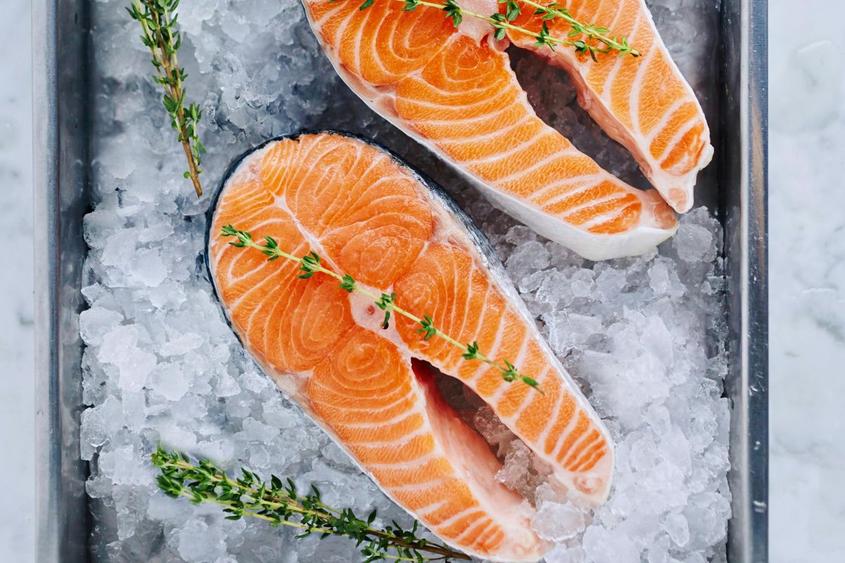 Duas postas frescas de salmão sobre gelo, ilustrando como peixes gordurosos são uma excelente fonte de vitamina D e outros nutrientes essenciais para a saúde.